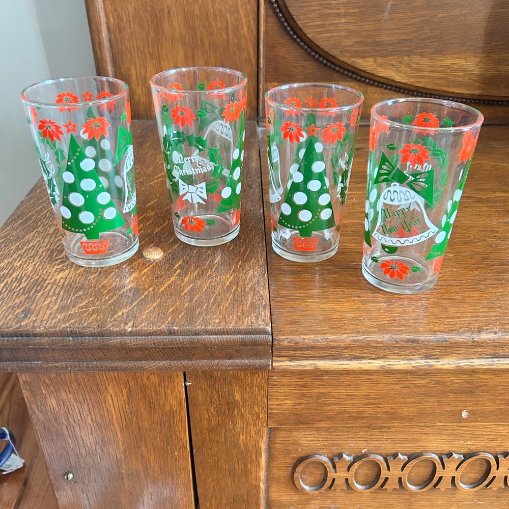 Vtg Set 4 Hazel Atlas Holiday Christmas Happy New Year Tumblers Drinking Glasses